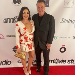 White with red flowers- deep plunge cocktail dress